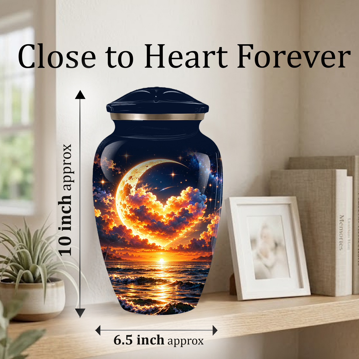 Personalized Adult Cremation Urn for Ashes, Golden Crescent Moon Ocean Memorial Urn, Custom Urn
