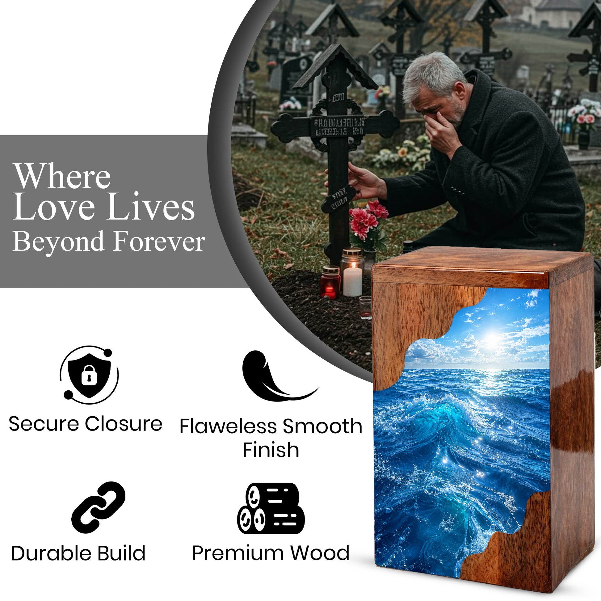 Ocean Wave Wooden Cremation Urn – Wooden Urn for Human Ashes