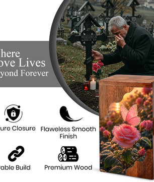Pink Rose & Butterfly Wooden Cremation Urn – Personalized Memorial Urn for Human Ashes