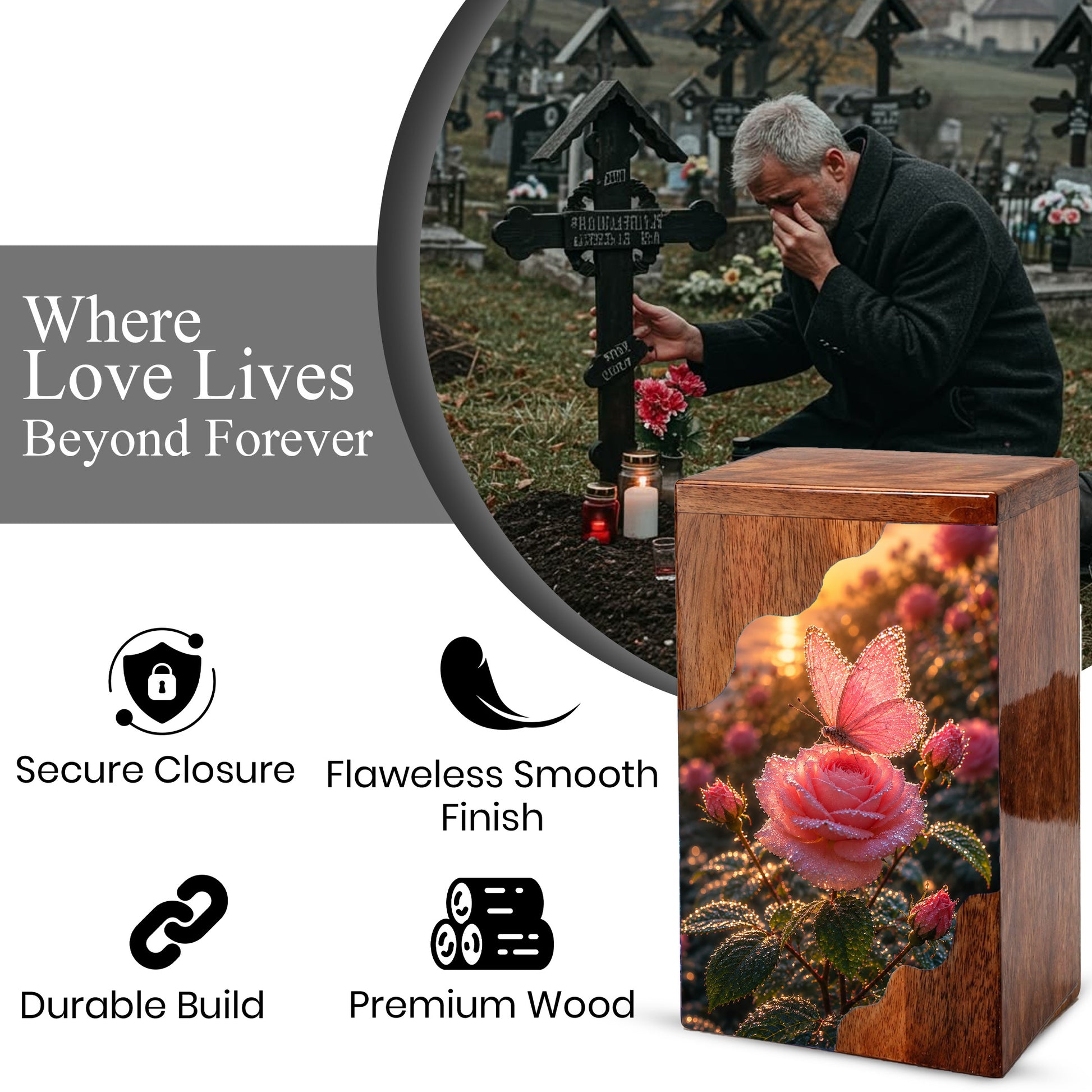 Pink Rose & Butterfly Wooden Cremation Urn – Personalized Memorial Urn for Human Ashes