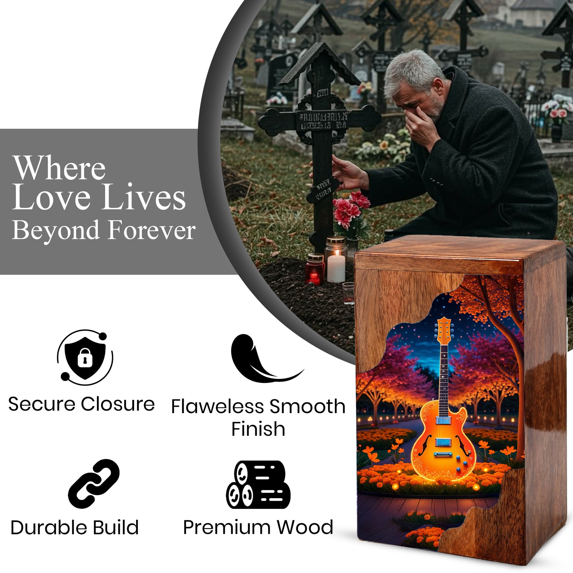Guitar Wooden Cremation Urn – Custom Music Memorial Urn | Wooden Urn for Human Ashes