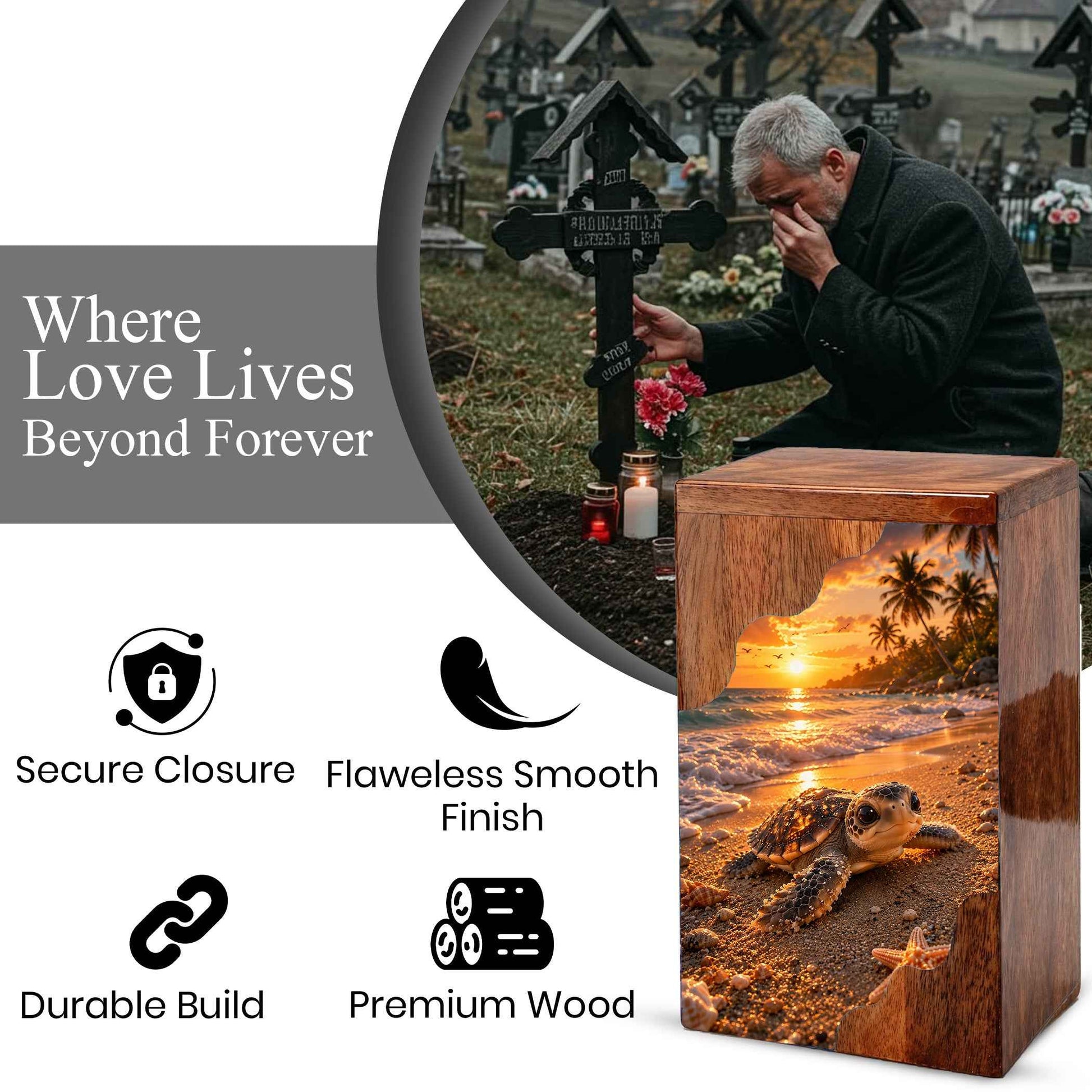 Wooden Cremation Urn for Human Ashes, Sea Turtle Memorial Urn