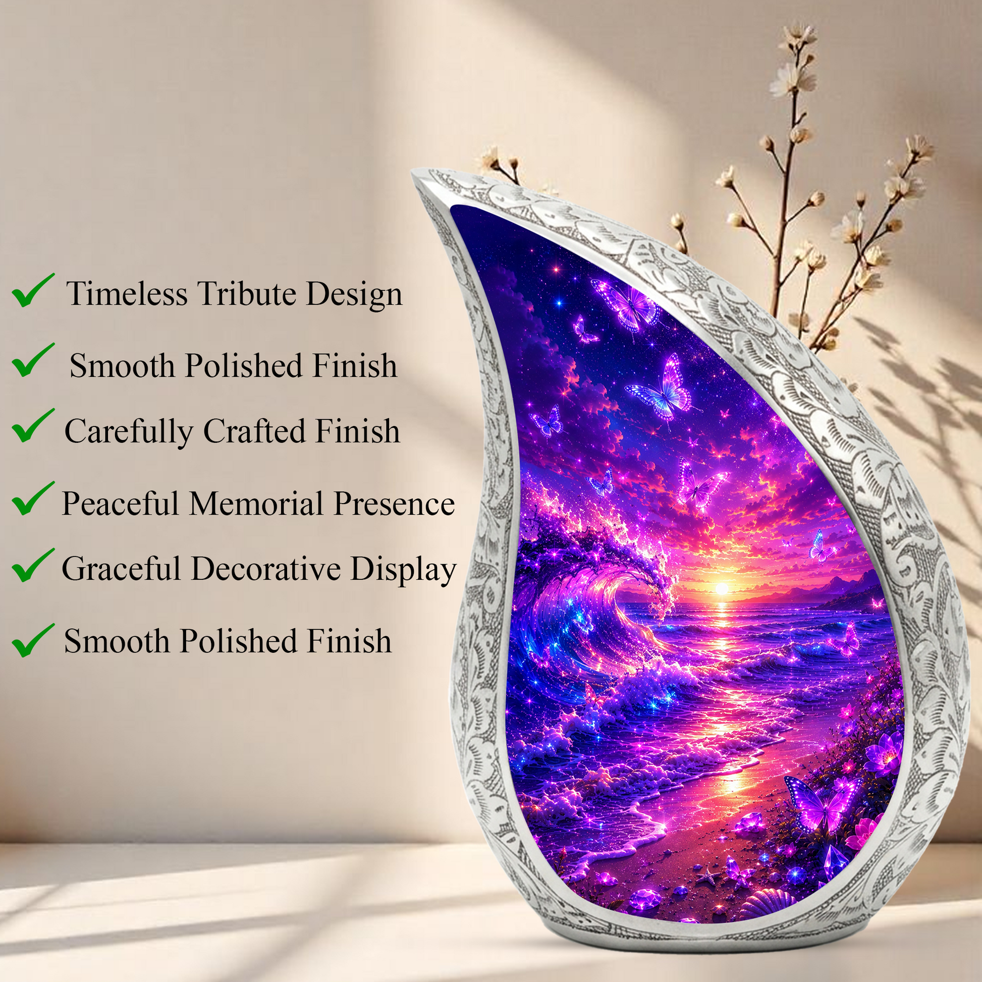 Butterfly Beach Cremation Urn for Adult Ashes | Beautiful Ocean Wave & Sunset Memorial Urn