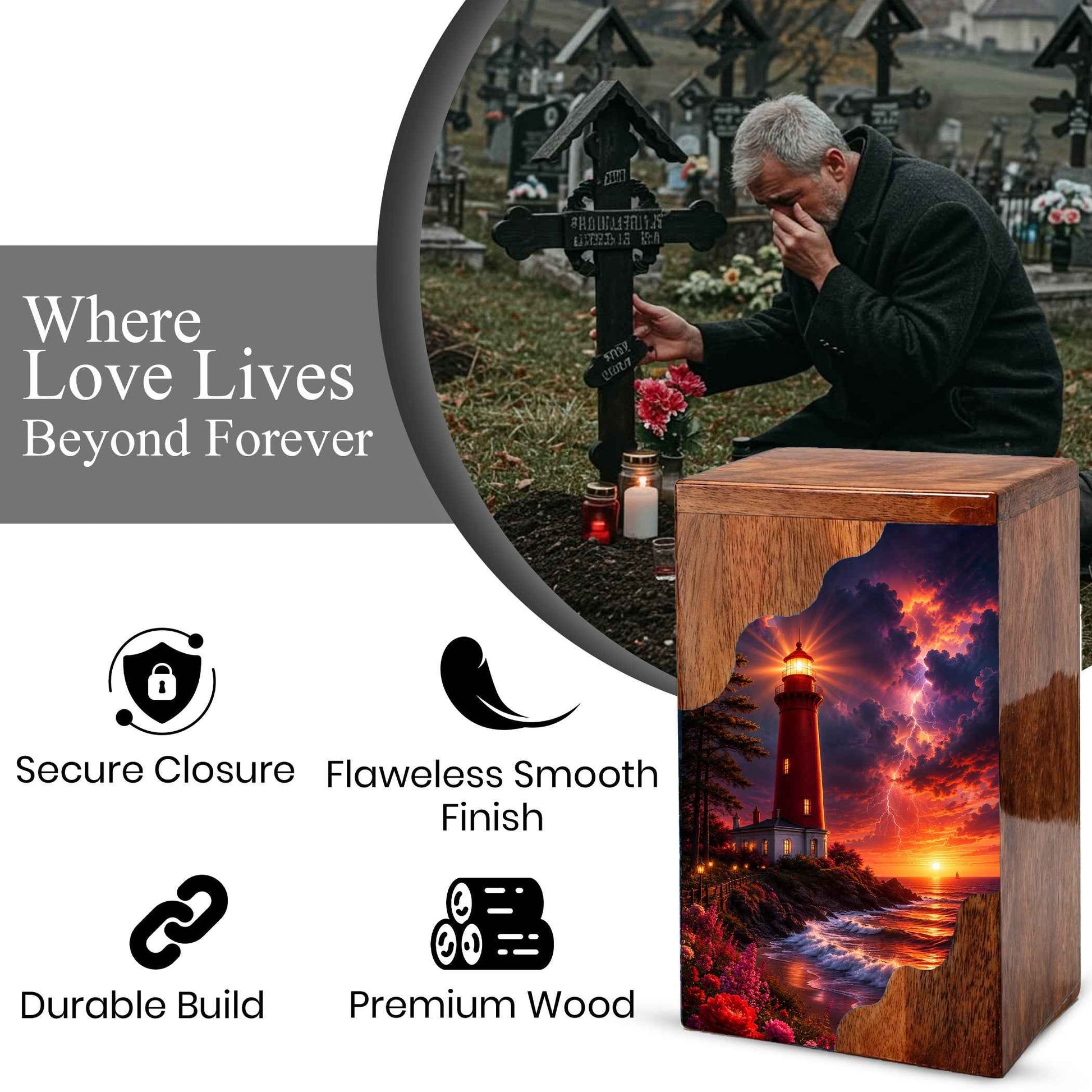 Lighthouse Wooden Cremation Urn for Human Ashes