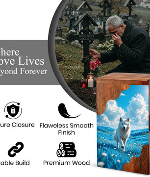 White Dog Wooden Cremation Urn – Personalized Pet Memorial Urn for Dog Ashes