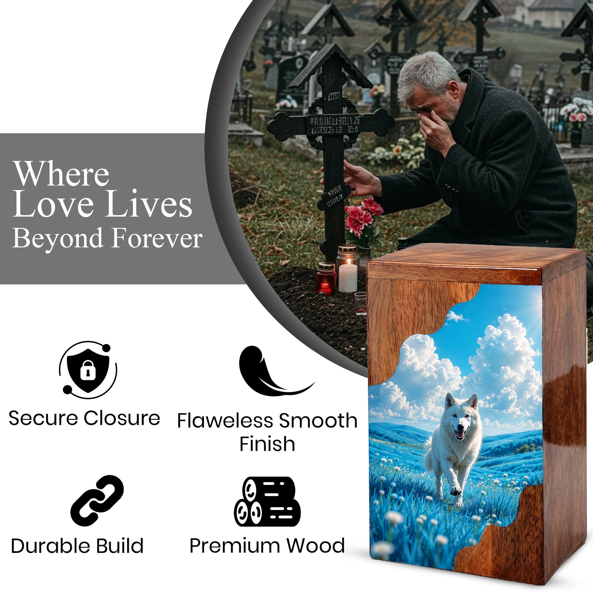 White Dog Wooden Cremation Urn – Personalized Pet Memorial Urn for Dog Ashes