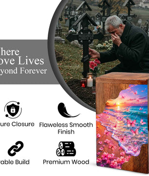 Pink Butterfly Wooden Cremation Urn | Wooden Urn for Human Ashes