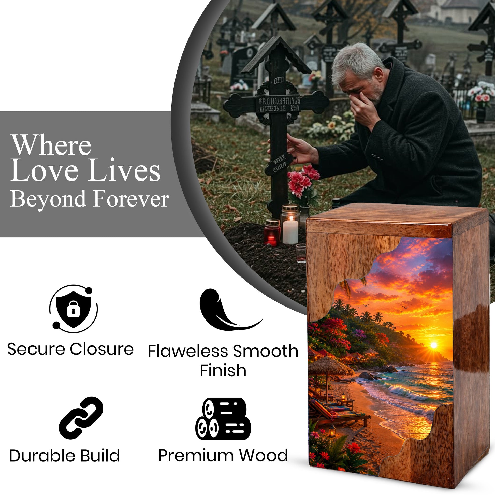 Tropical Beach Wooden Cremation Urn – Wooden Urn for Human Ashes |