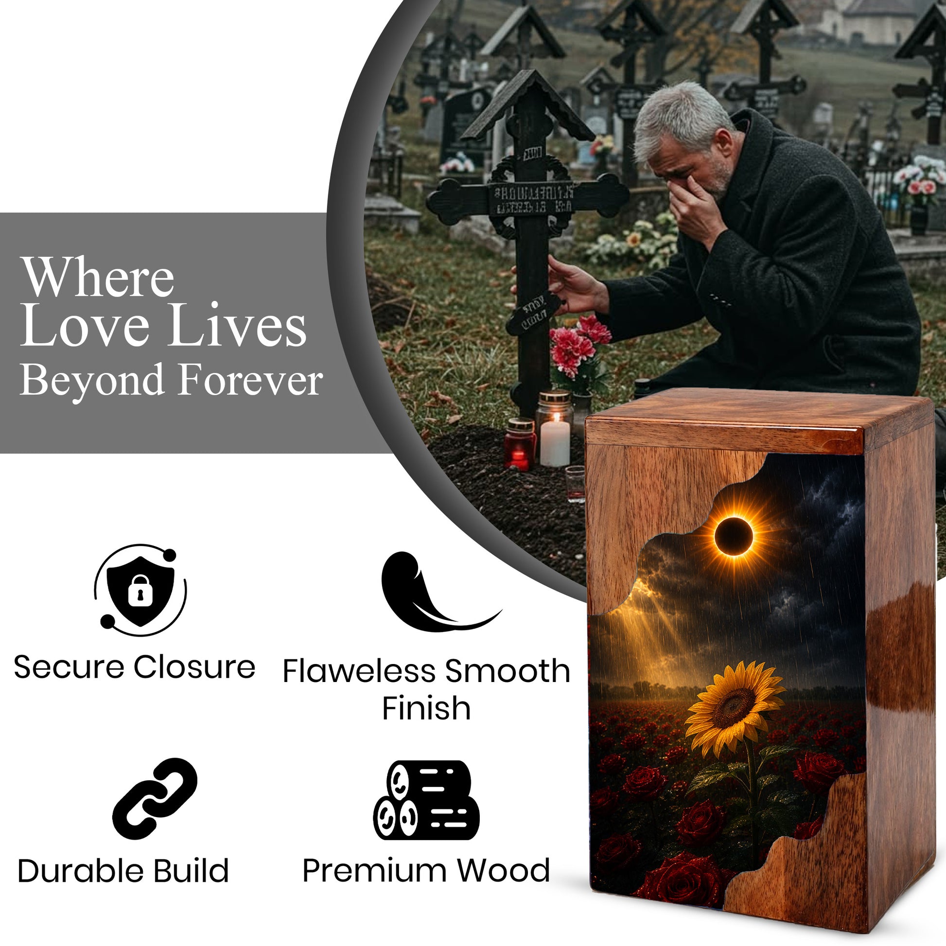 Sunflower Wooden Cremation Urn for Mom | Eclipse Memorial Urn for Human Ashes