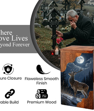 Deer Wooden Cremation Urn – Moonlit Forest Memorial Urn