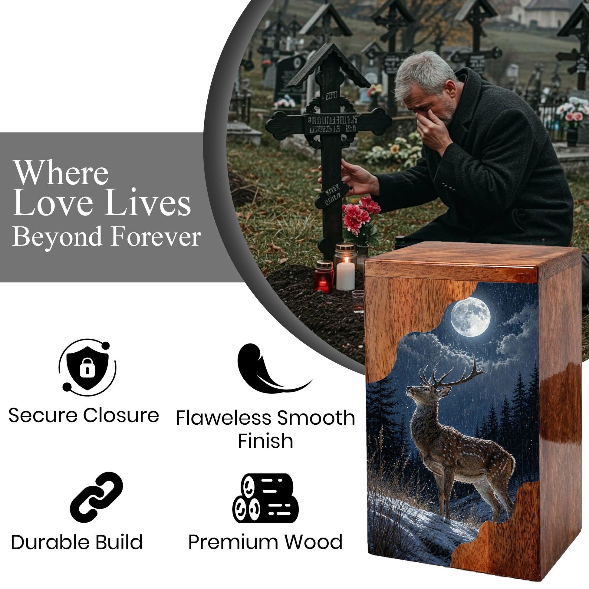 Deer Wooden Cremation Urn – Moonlit Forest Memorial Urn