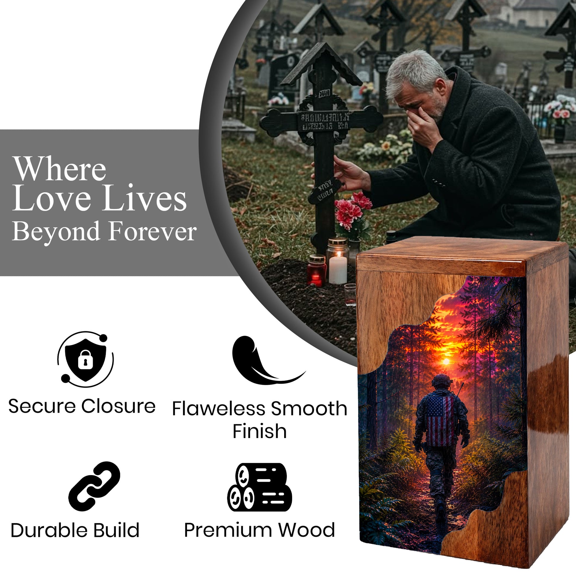 Military Memorial Wooden Cremation Urn – Patriotic Tribute Urn