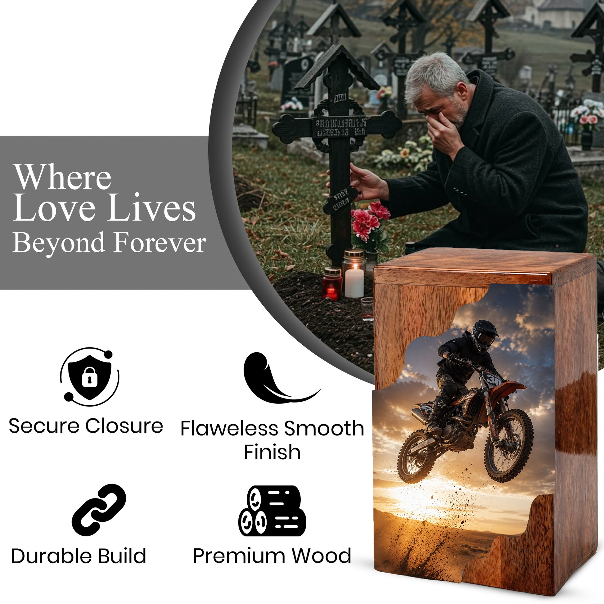 Motocross Cremation Urns for Human Ashes | Personalized Urns for Dad | Wooden Memorial Urn for Men