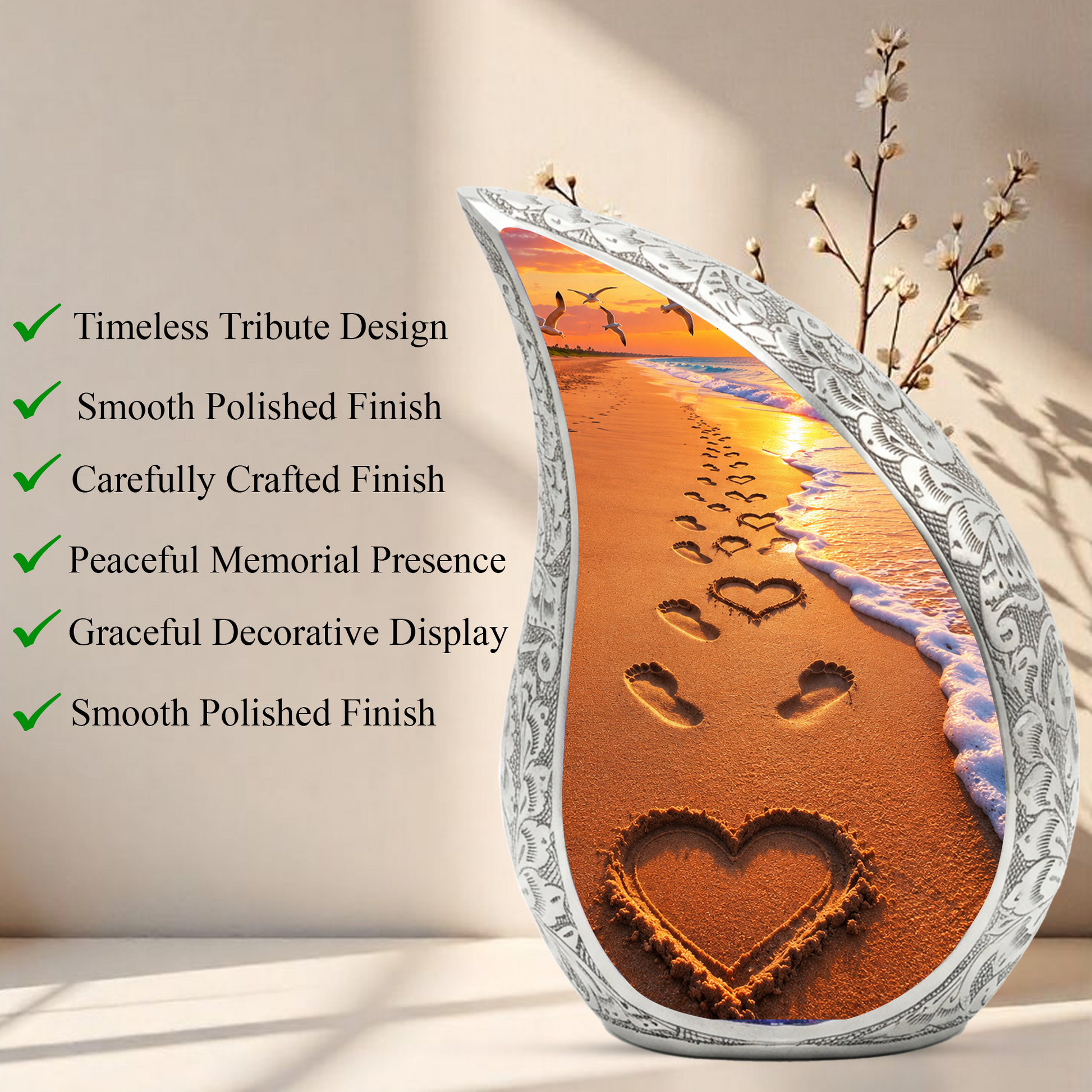 Beach Footprints Memorial Urn for Human Ashes – Personalized Cremation Urn | Heart in Sand Funeral Urn for Mom, Dad & Loved Ones