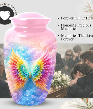 Angel Wings Urn for Mom, Rainbow Memorial Large Urn,Cremation Urn for Mama