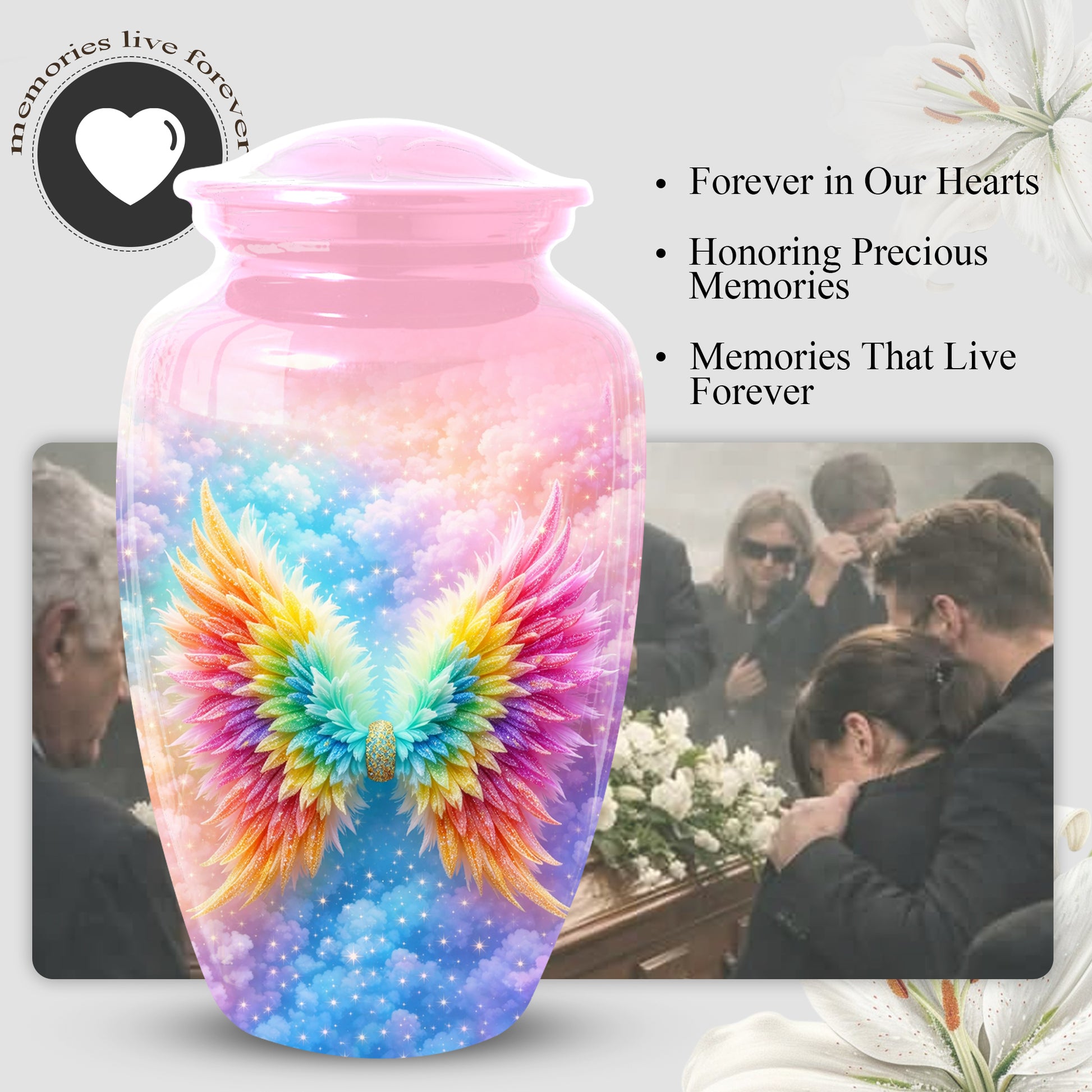 Angel Wings Urn for Mom, Rainbow Memorial Large Urn,Cremation Urn for Mama