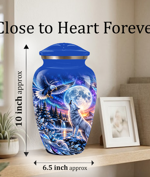 Personalized Adult Cremation Urn for Ashes, Custom Wolf and Eagle Memorial Urn, Blue Moonlight Fantasy Wildlife Design