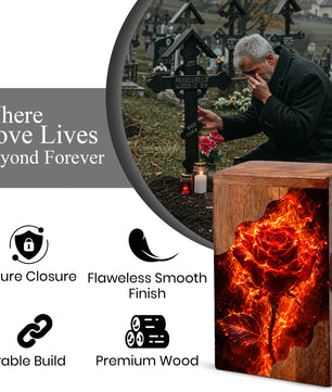 Fiery Rose Wooden Cremation Urn – Personalized Memorial Urn for Human Ashes