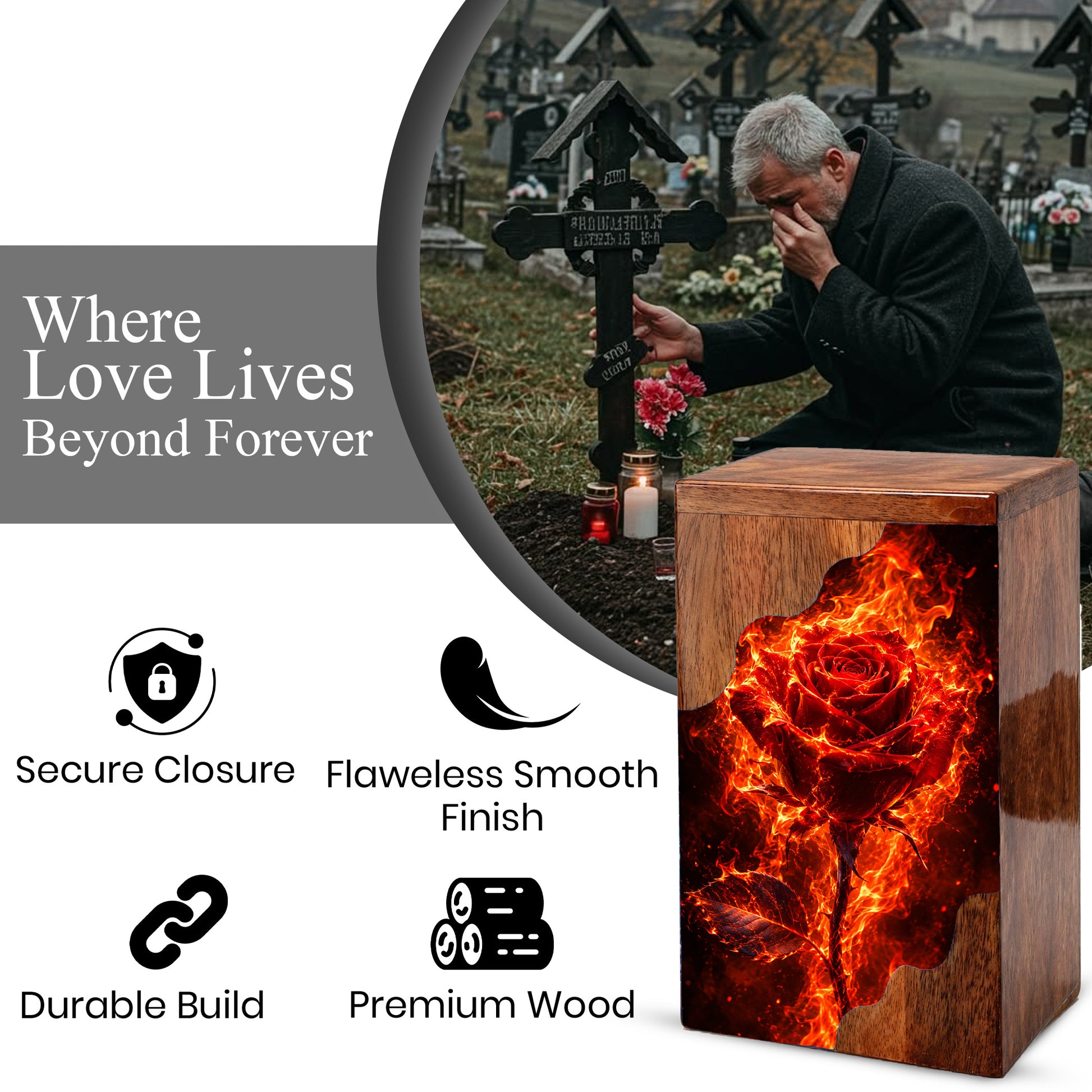 Fiery Rose Wooden Cremation Urn – Personalized Memorial Urn for Human Ashes