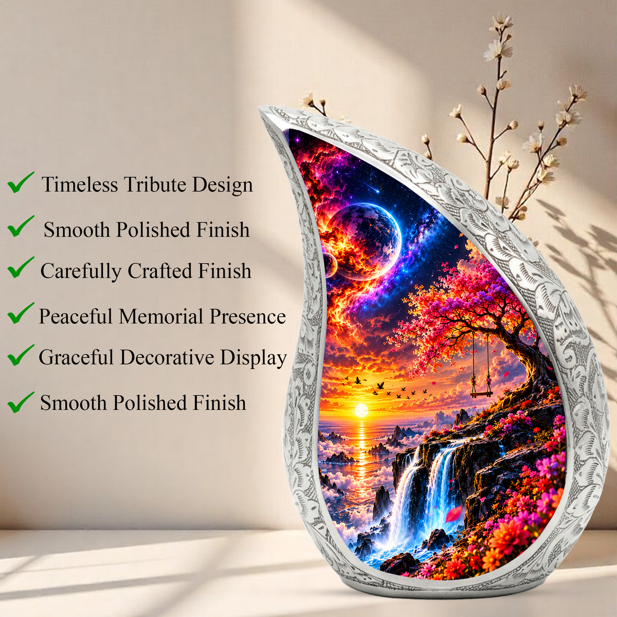 Tree of Life Cremation Urn for Ashes, Nature Memorial Urn, Sunset Waterfall Adult Urn, Tree Memorial Urn,