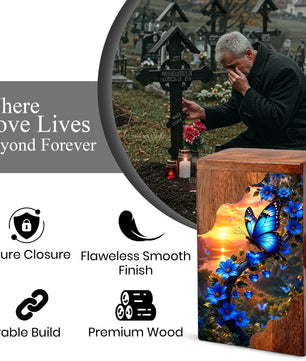 Blue Butterfly Wooden Cremation Urn – Floral Memorial Urn for Human Ashes