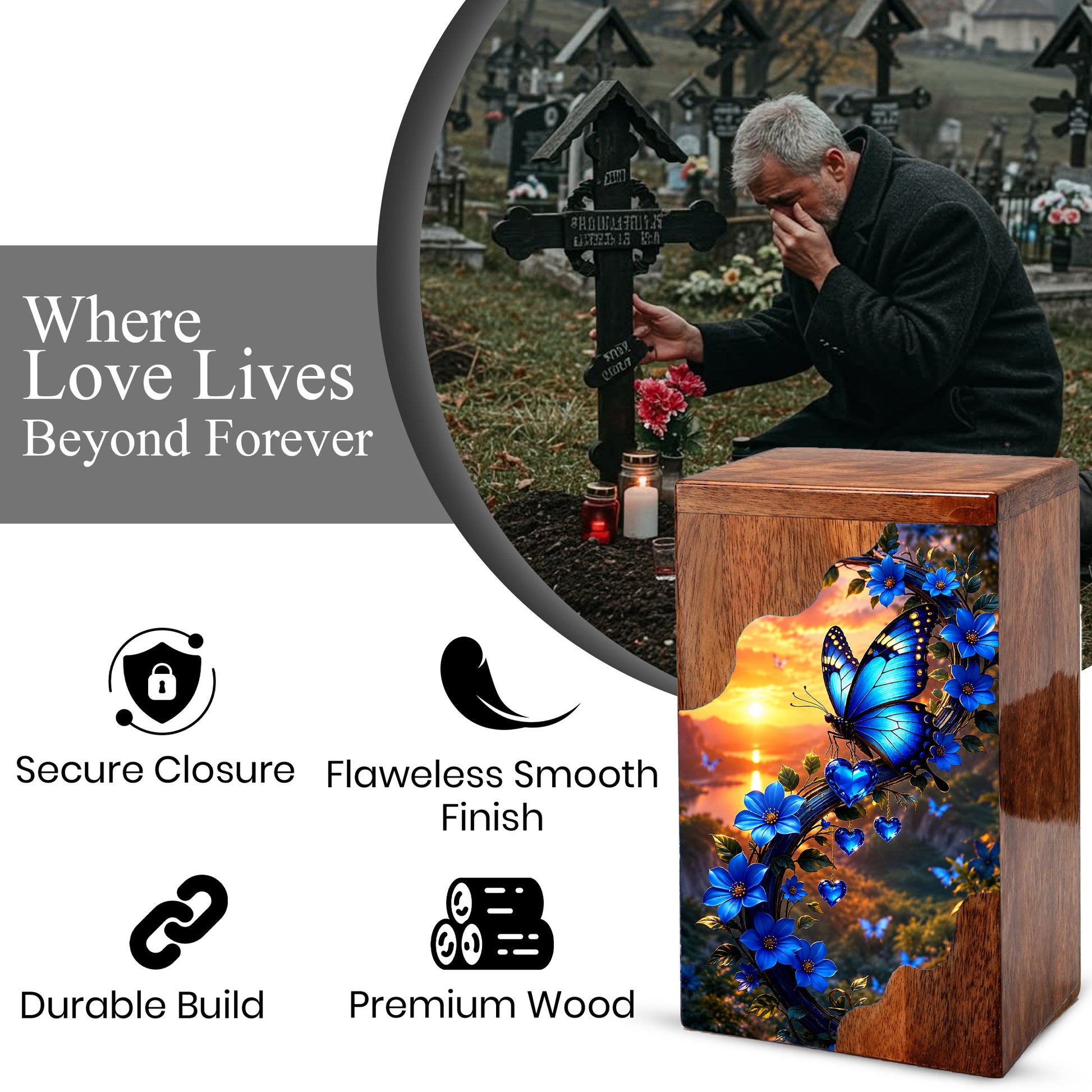 Blue Butterfly Wooden Cremation Urn – Floral Memorial Urn for Human Ashes