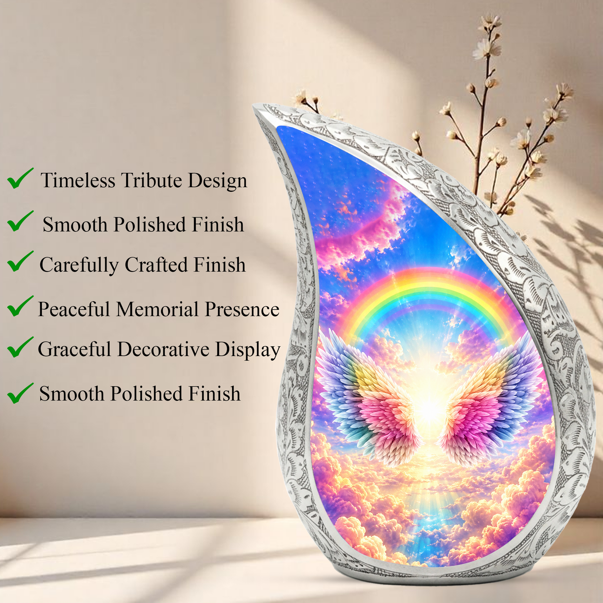 Rainbow Angel Wings Urn for Mom, Personalized Cremation Urn for Ashes