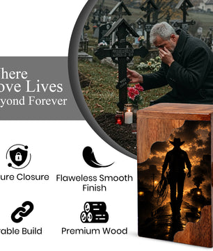 Western Cowboy Wooden Cremation Urn – Cowboy Memorial Urn for Human Ashes