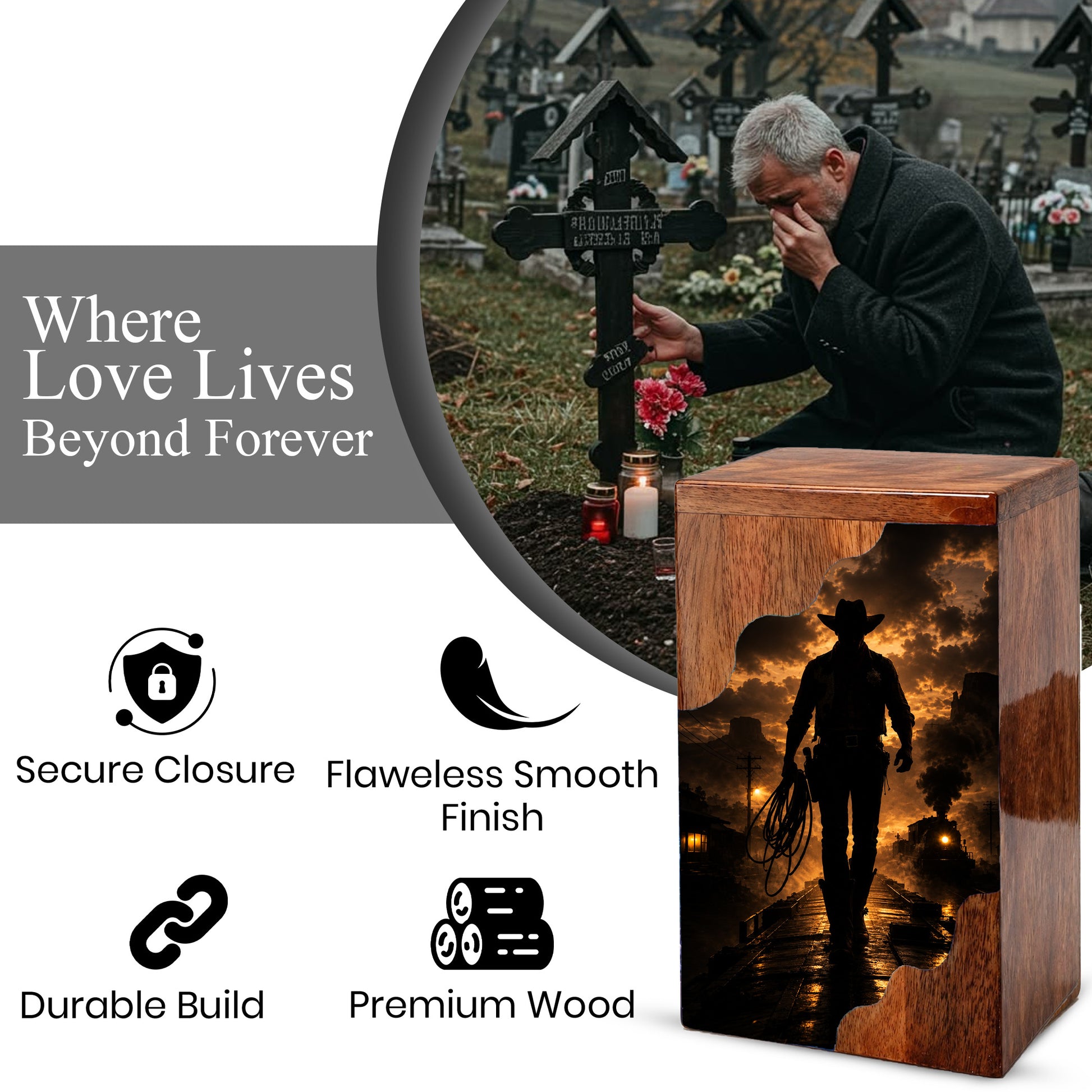 Western Cowboy Wooden Cremation Urn – Cowboy Memorial Urn for Human Ashes