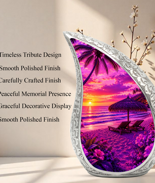 Beach Urns for Human Ashes – Purple Tropical Sunset Beach Themed Cremation Urn with Palm Trees