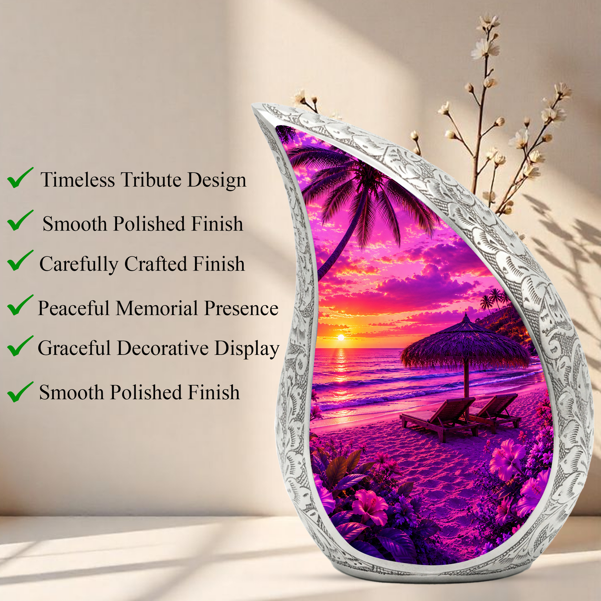 Beach Urns for Human Ashes – Purple Tropical Sunset Beach Themed Cremation Urn with Palm Trees