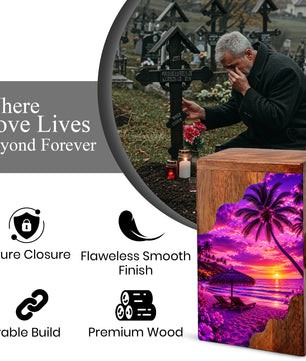 Tropical Sunset Wooden Cremation Urn – Beach Memorial Urn for Human Ashes