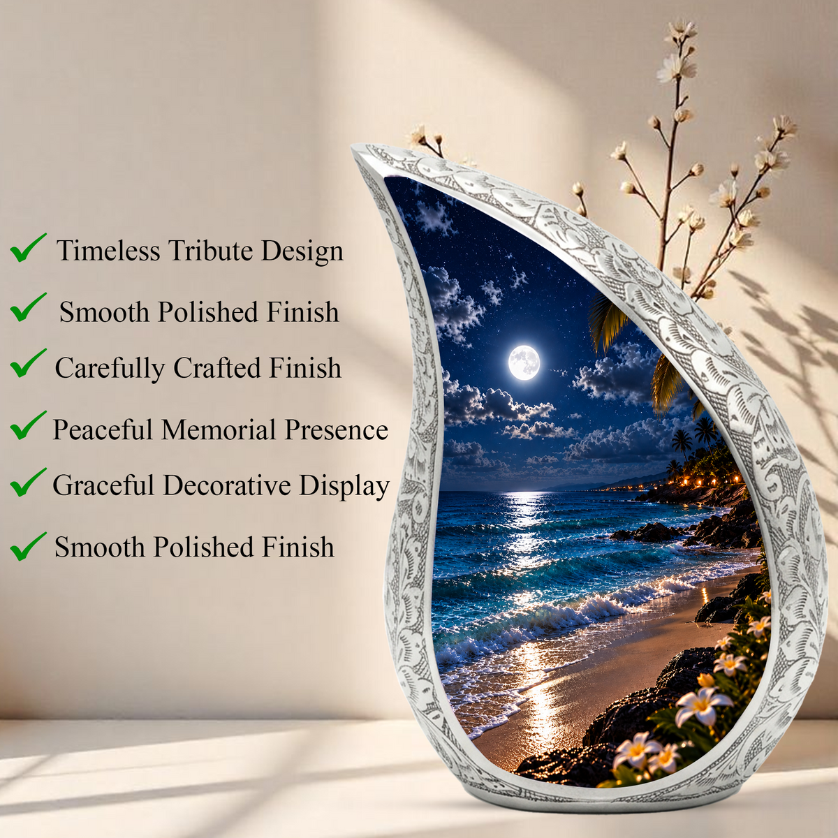 Moonlit Beach Cremation Urn for Ashes, Personalized Ocean Adult Urn