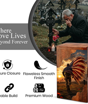 Military Wooden Cremation Urn for Dad | Personalized Veteran Urn for Human Ashes | American Flag Memorial Urn