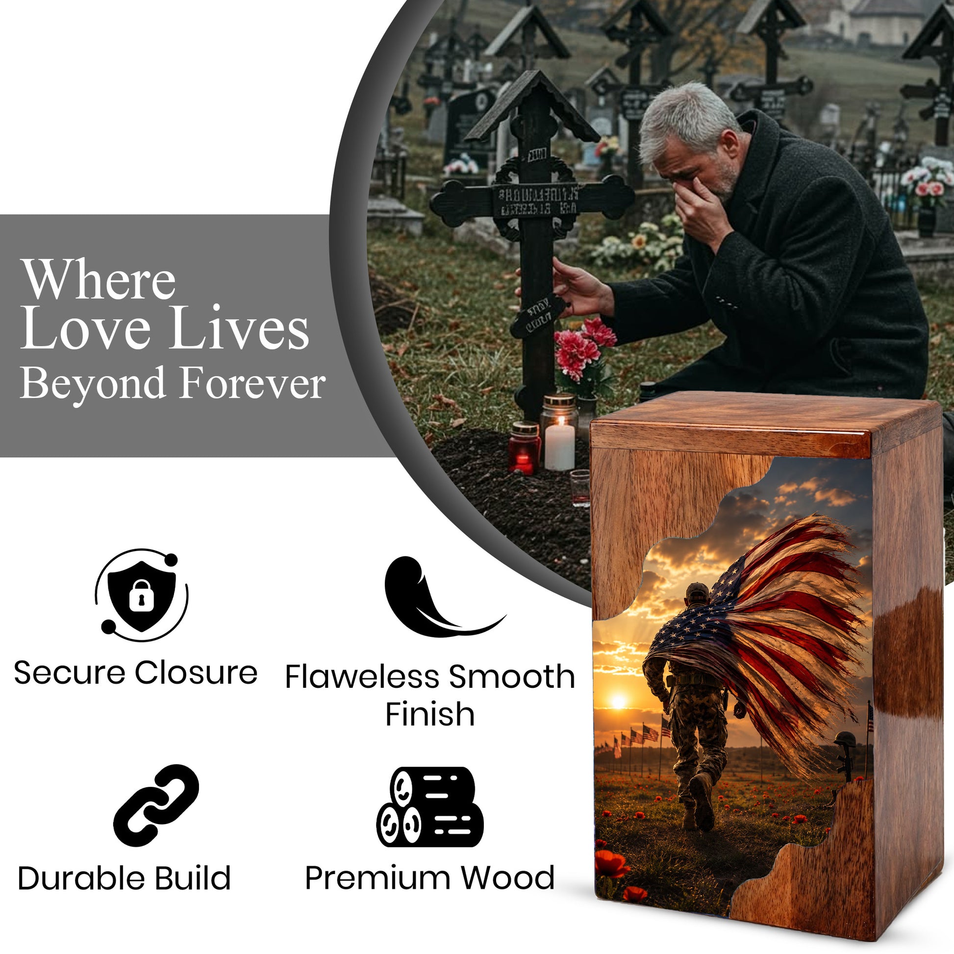 Military Wooden Cremation Urn for Dad | Personalized Veteran Urn for Human Ashes | American Flag Memorial Urn