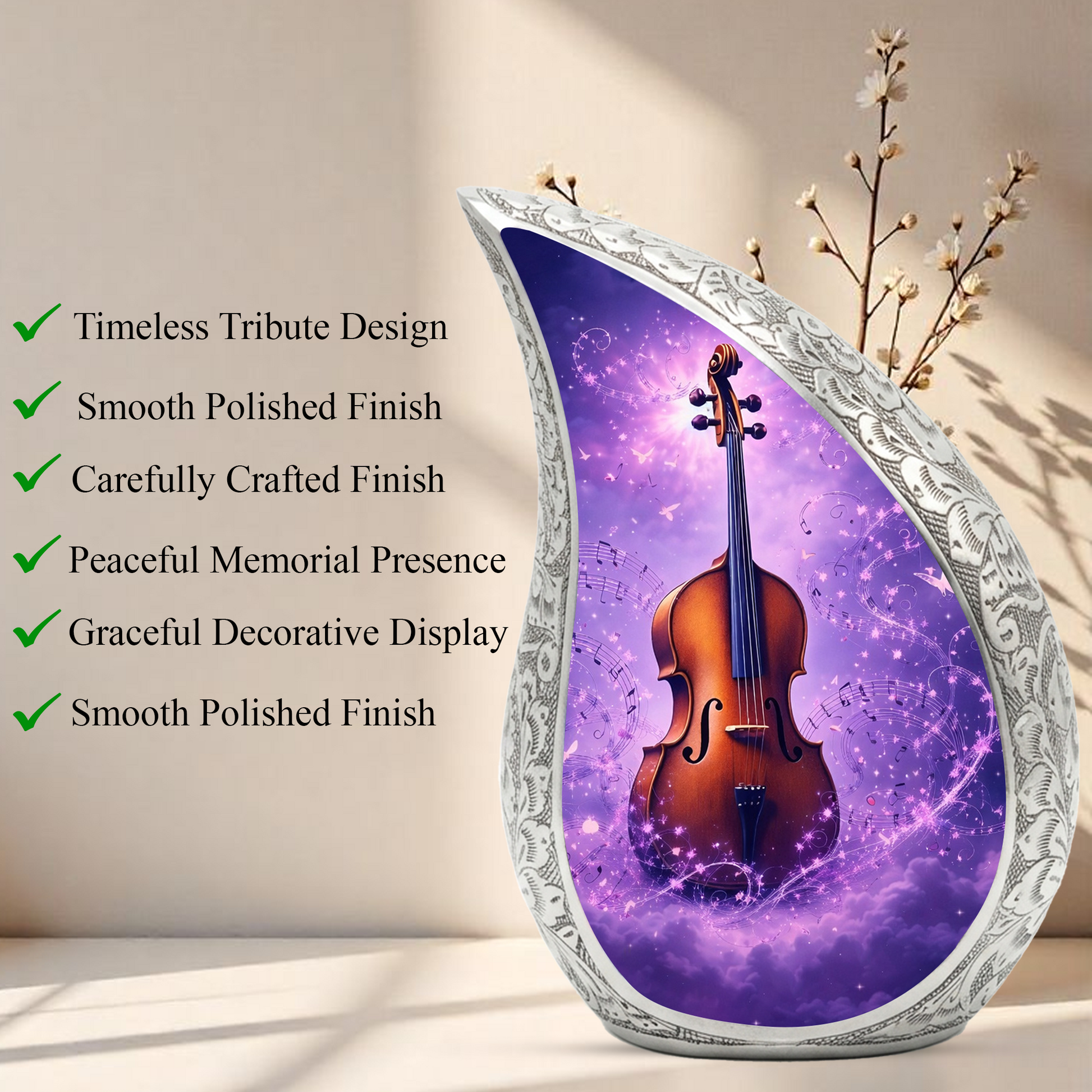 Personalized Violin Cremation Urn – Custom Music Memorial Urn for Ashes, Teardrop Aluminum Adult Urn, 10 Inch