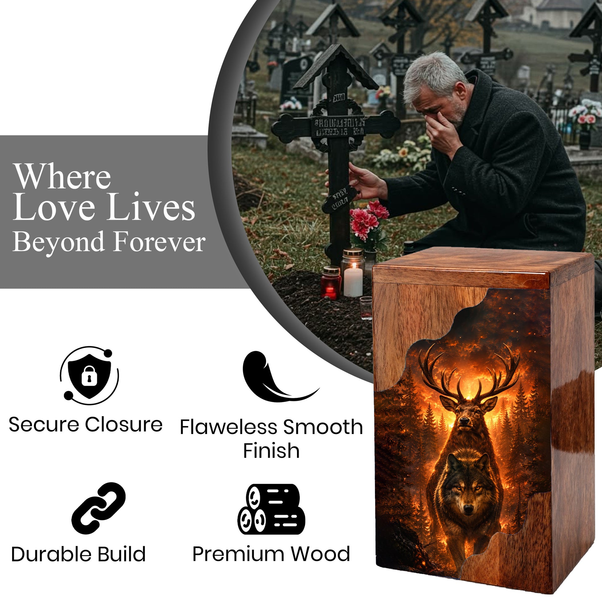 Wolf & Stag Wooden Cremation Urn – Woodland Memorial Urn