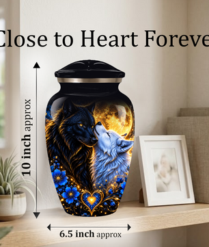 Personalized Wolf Cremation Urn for Ashes, Black and White Wolf Memorial Urn, Blue Floral Adult Urn, Custom Adult Urn