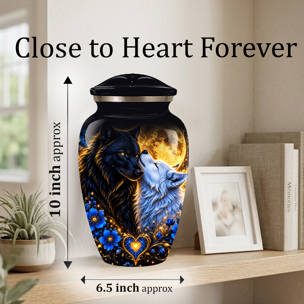 Personalized Wolf Cremation Urn for Ashes, Black and White Wolf Memorial Urn, Blue Floral Adult Urn, Custom Adult Urn
