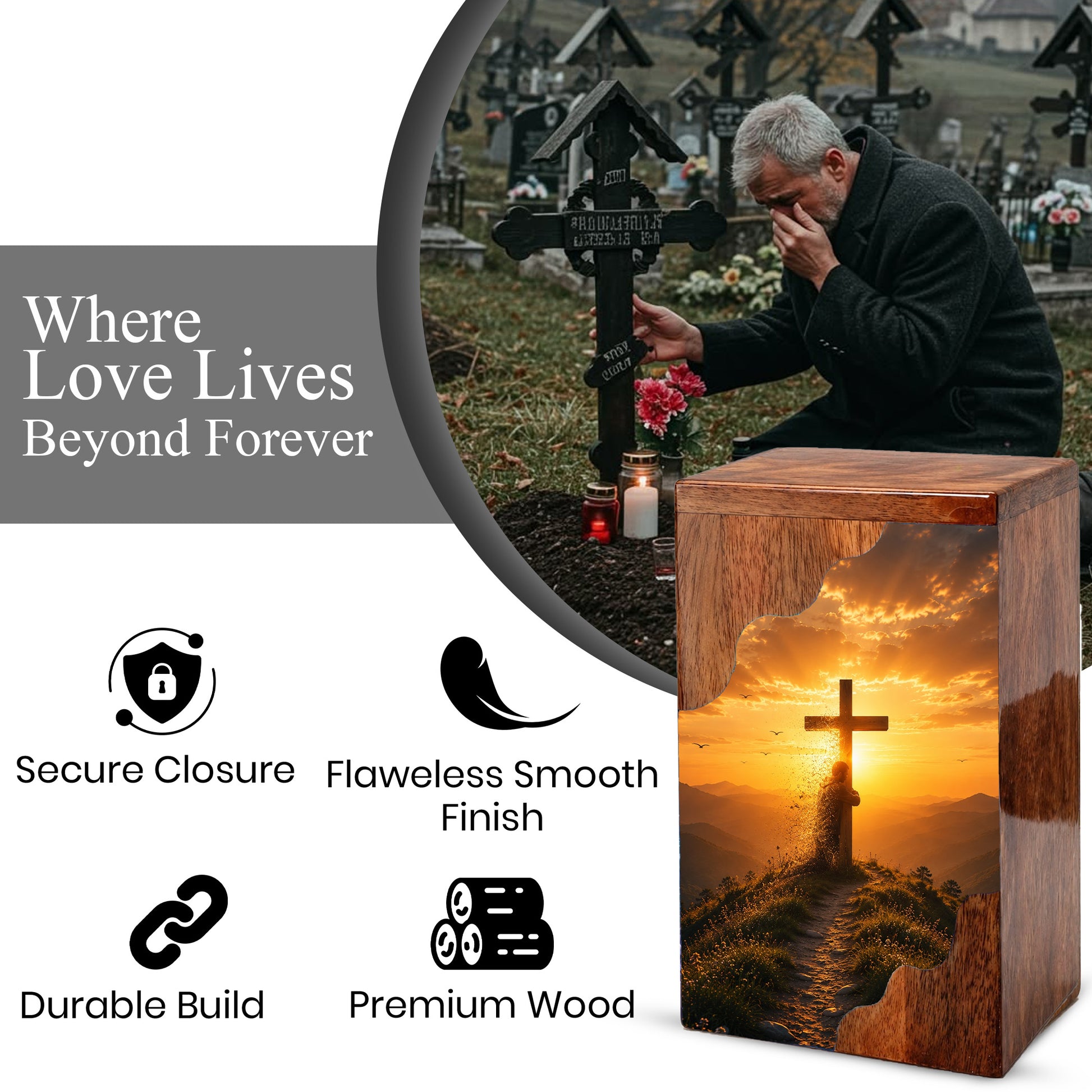 Christian Cross Wooden Cremation Urn – Personalized Memorial Urn for Human Ashes