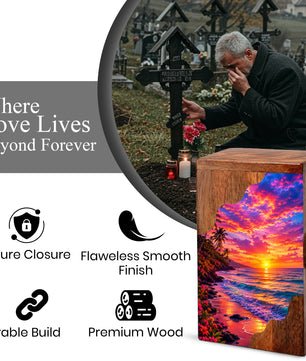 Sunset Beach Wooden Cremation Urn – Ocean Sunset Memorial Urn for Human Ashes