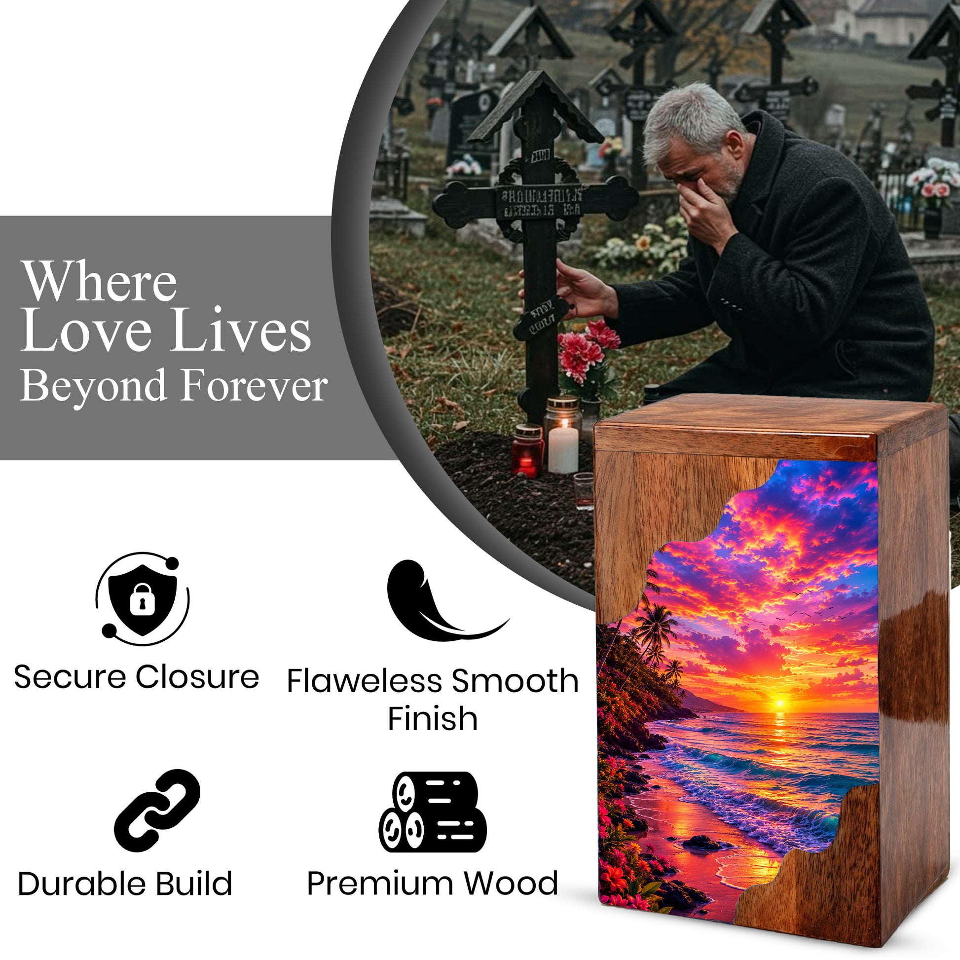 Sunset Beach Wooden Cremation Urn – Ocean Sunset Memorial Urn for Human Ashes