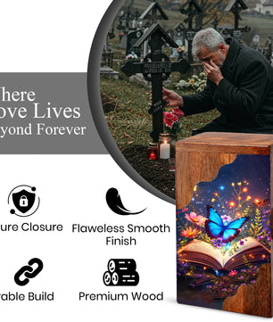 Wooden Cremation Urn – Butterfly Memorial Urn | Book of Memories Wooden Urn for Human Ashes