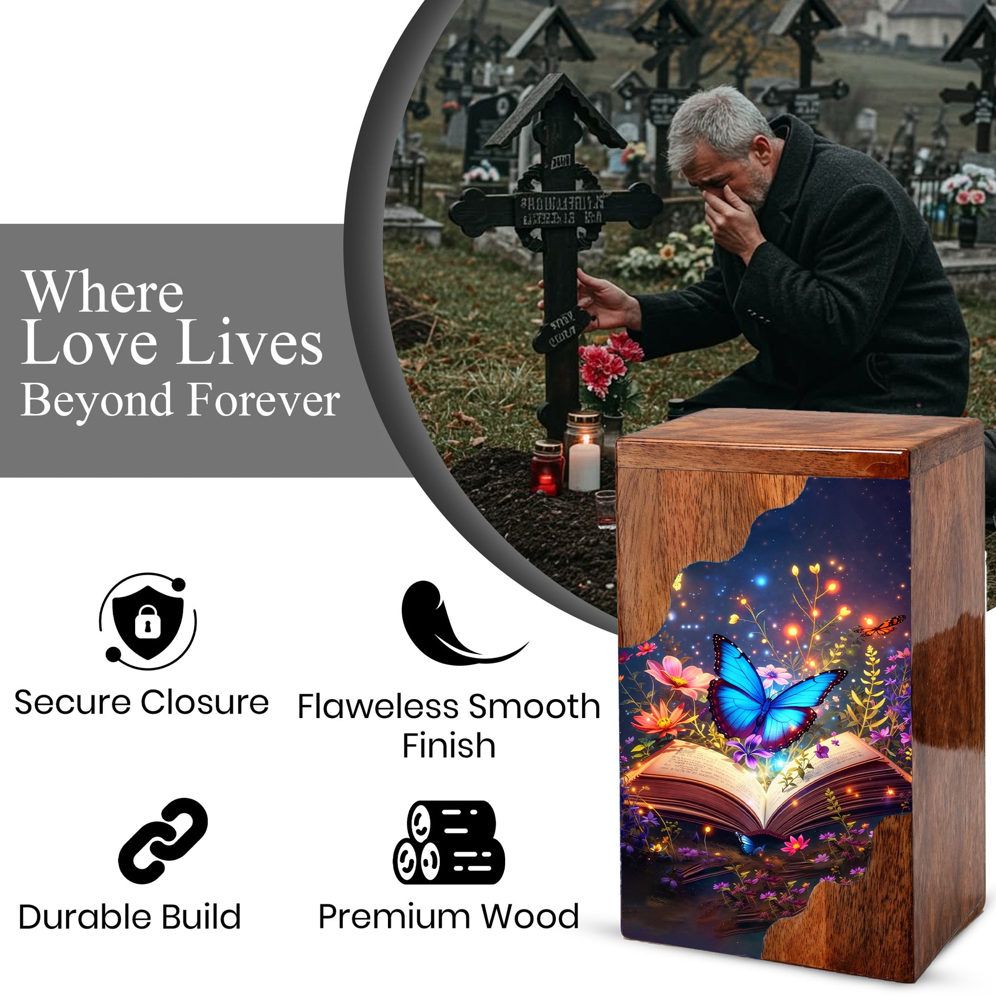 Wooden Cremation Urn – Butterfly Memorial Urn | Book of Memories Wooden Urn for Human Ashes