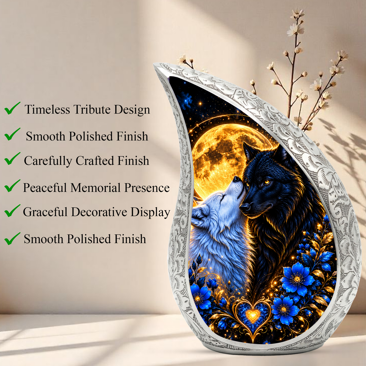 Wolf Couple Cremation Urn for Ashes, Personalized Adult Urn, Black and White Wolf Memorial Urn