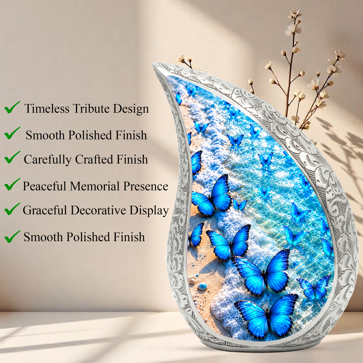 Blue Butterfly Cremation Urn for Mom - Ocean Beach Butterfly Memorial Urn