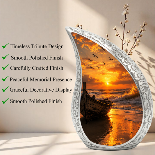 Beach Boat Cremation Urn for Human Ashes | Ocean Sunset Beach Themed Memorial Urn