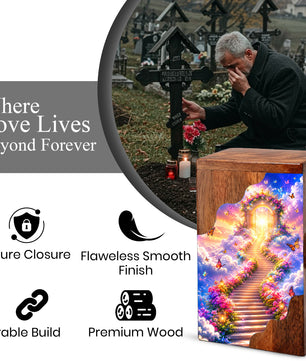 Heavenly Garden Gate Wooden Cremation Urn – Personalized Memorial Urn for Human Ashes