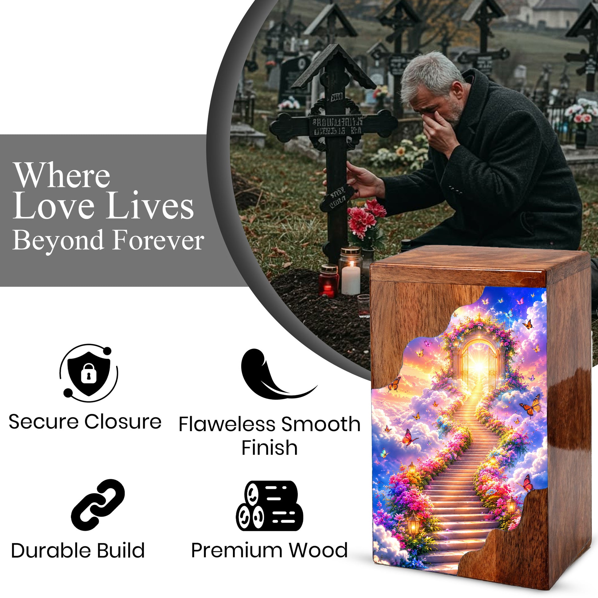 Heavenly Garden Gate Wooden Cremation Urn – Personalized Memorial Urn for Human Ashes