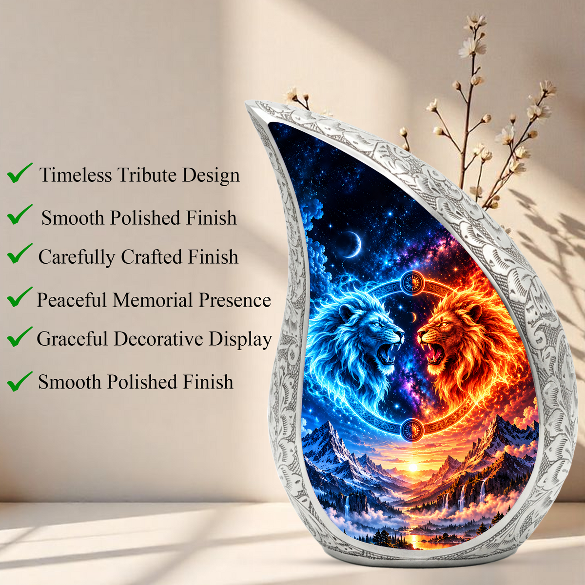 Twin Lions Cremation Urn for Ashes, Personalized Adult Memorial Urn, Wildlife Design